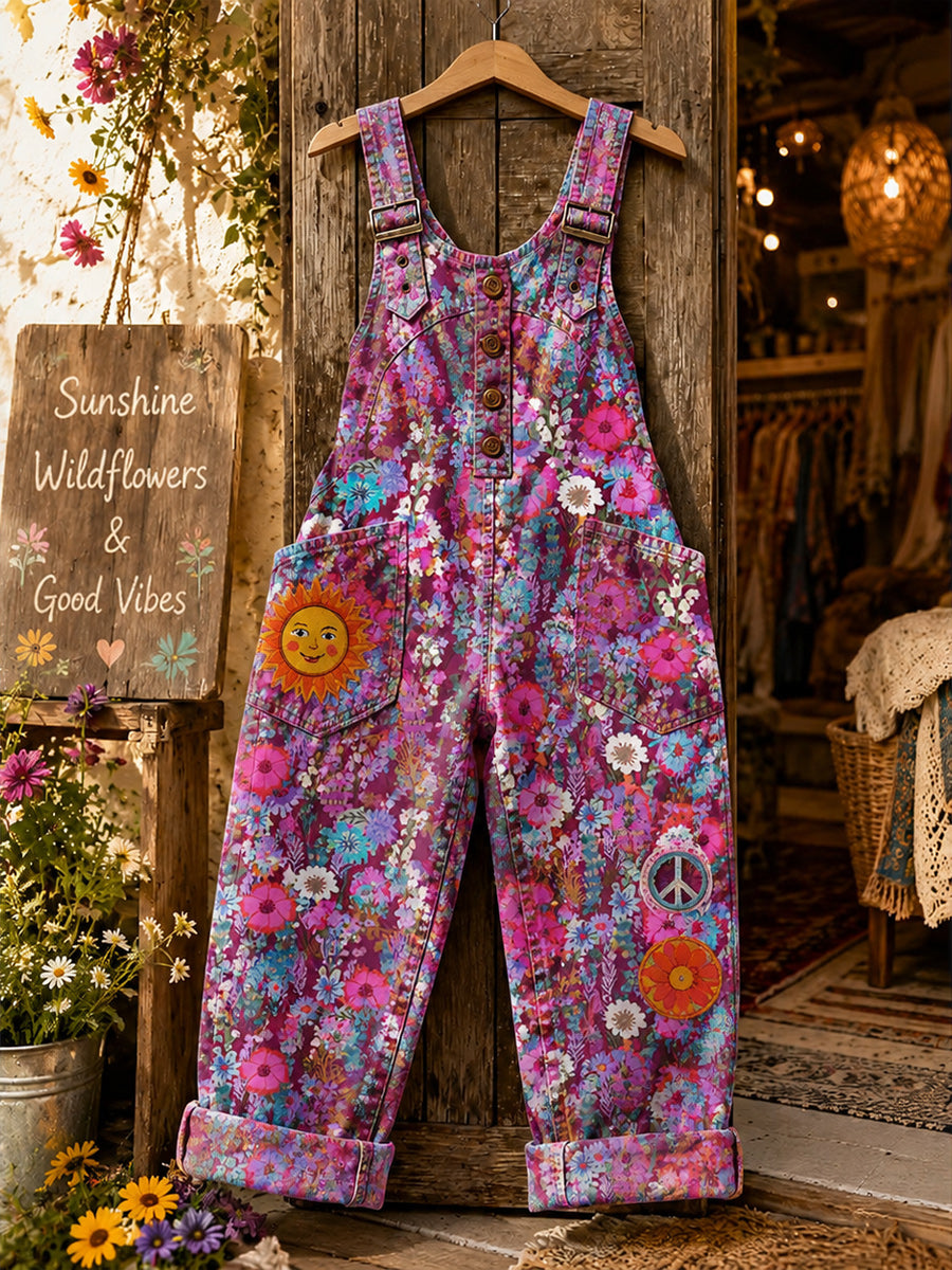 Women's Retro Style Art Print Washed Cotton Denim Patchwork Jumpsuit